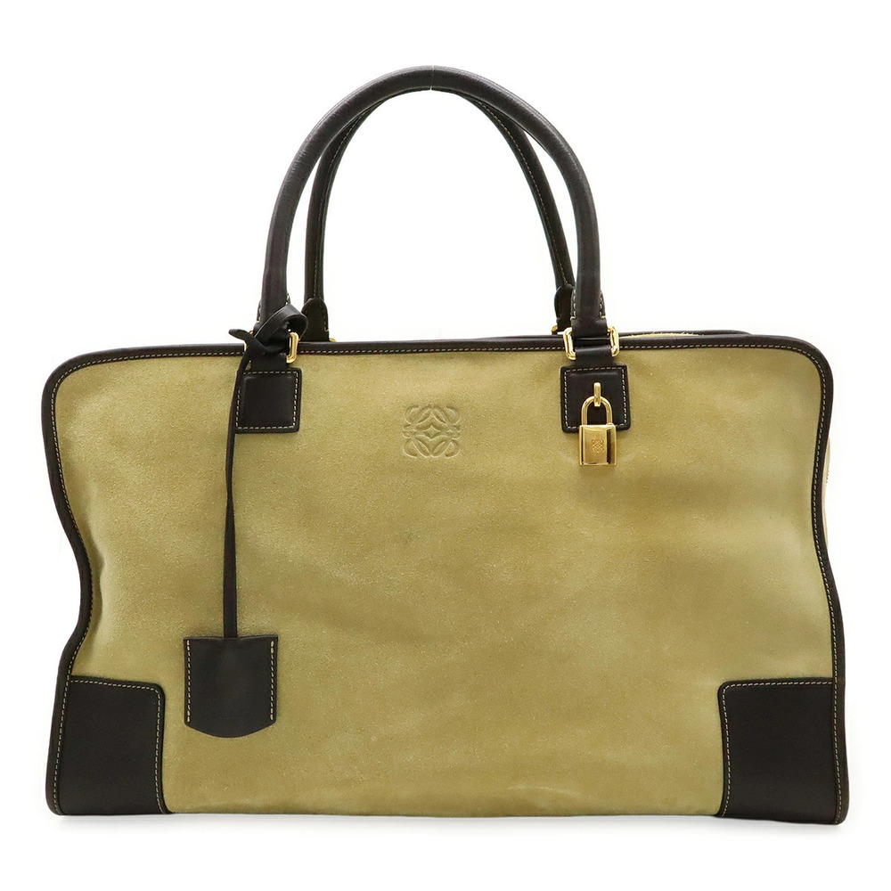 Loewe Amazona Boston Bag Handbag Travel Suede Leather Khaki Green Dark Brown